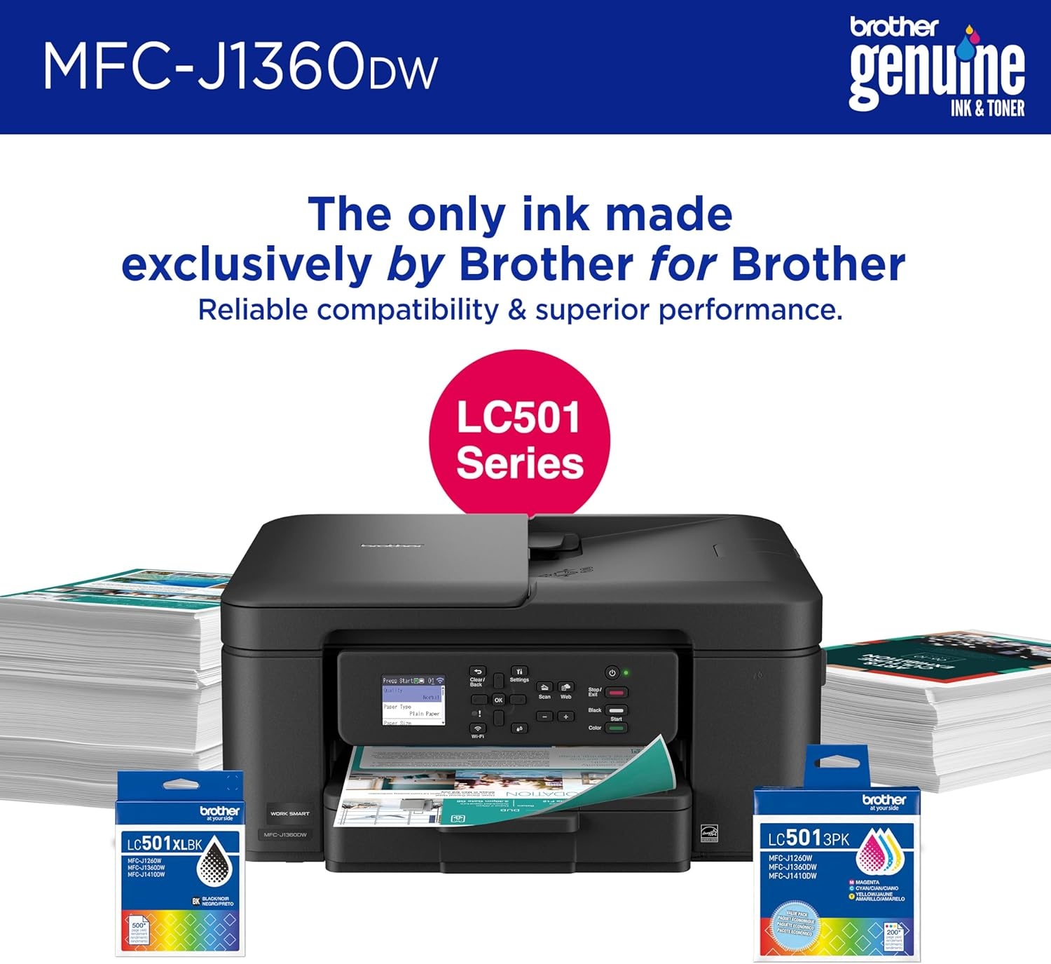 image:imageBrother Work Smart 1360 Wireless Color Inkjet AllinOne Printer with Automatic Duplex Printing and 18 Color Display Includes Refresh Subscription Trial1 MFCJ1360DW Uses LC501 Series InksCurrent Model MFCJ1360DW