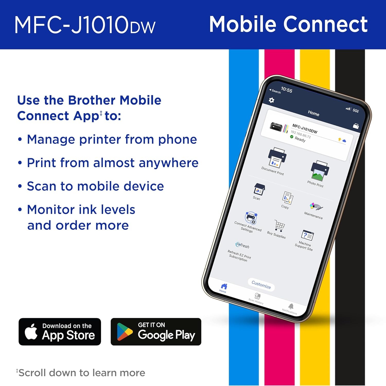 image:imageBrother Work Smart 1360 Wireless Color Inkjet AllinOne Printer with Automatic Duplex Printing and 18 Color Display Includes Refresh Subscription Trial1 MFCJ1360DW Uses LC501 Series InksPrevious Model MFCJ1010DW
