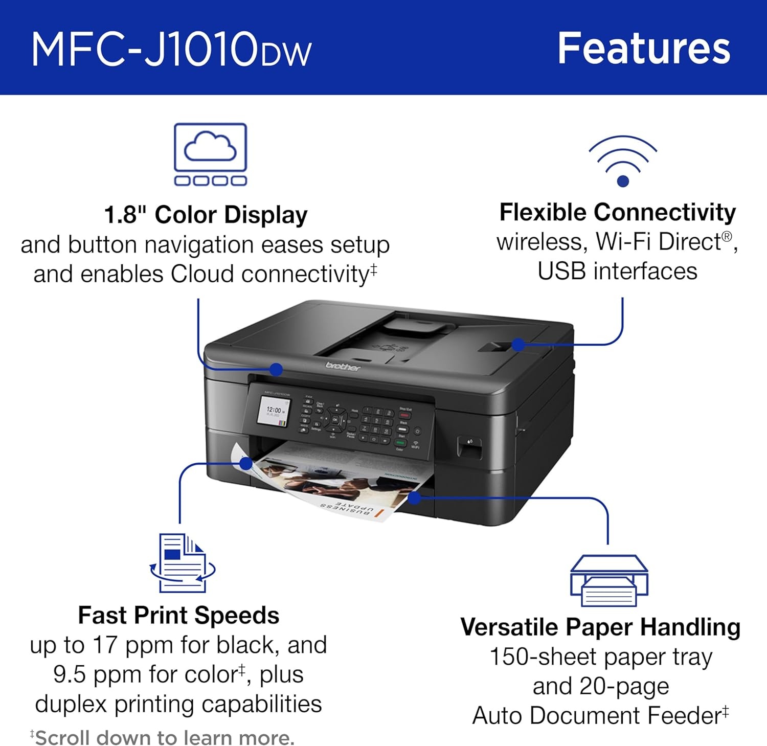 image:imageBrother Work Smart 1360 Wireless Color Inkjet AllinOne Printer with Automatic Duplex Printing and 18 Color Display Includes Refresh Subscription Trial1 MFCJ1360DW Uses LC501 Series InksPrevious Model MFCJ1010DW