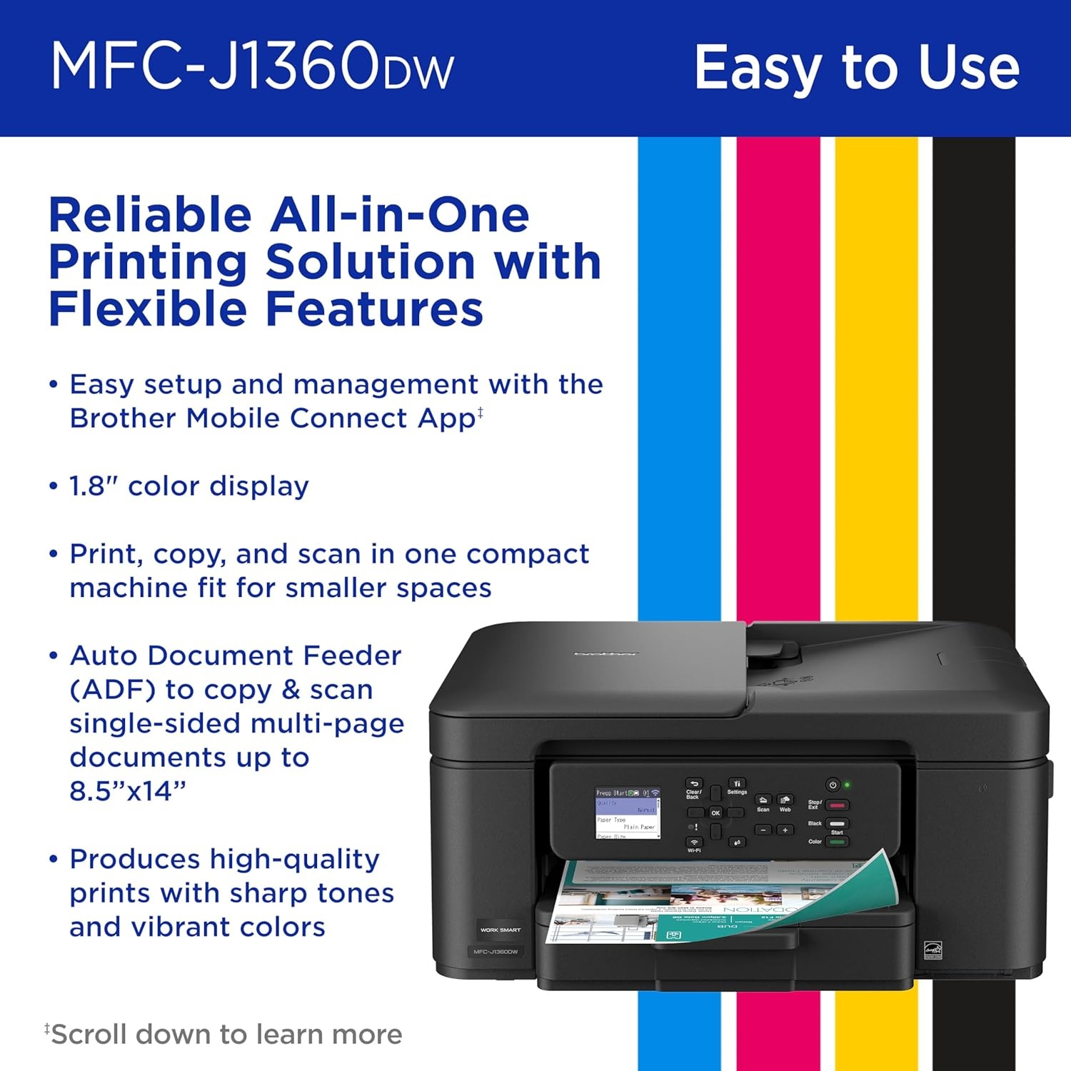image:imageBrother Work Smart 1360 Wireless Color Inkjet AllinOne Printer with Automatic Duplex Printing and 18 Color Display Includes Refresh Subscription Trial1 MFCJ1360DW Uses LC501 Series InksCurrent Model MFCJ1360DW