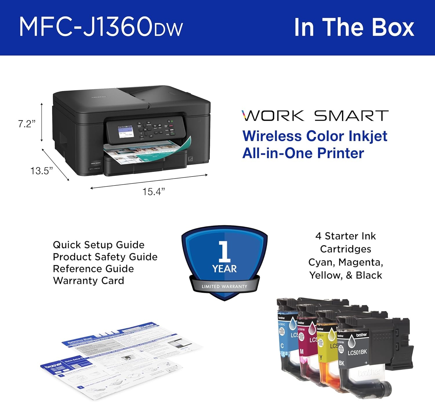 image:imageBrother Work Smart 1360 Wireless Color Inkjet AllinOne Printer with Automatic Duplex Printing and 18 Color Display Includes Refresh Subscription Trial1 MFCJ1360DW Uses LC501 Series InksCurrent Model MFCJ1360DW