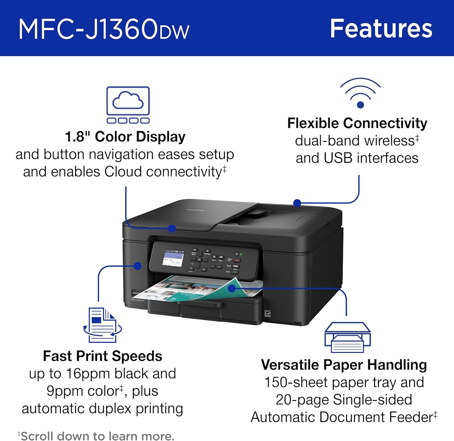 image:imageBrother Work Smart 1360 Wireless Color Inkjet AllinOne Printer with Automatic Duplex Printing and 18 Color Display Includes Refresh Subscription Trial1 MFCJ1360DW Uses LC501 Series InksCurrent Model MFCJ1360DW