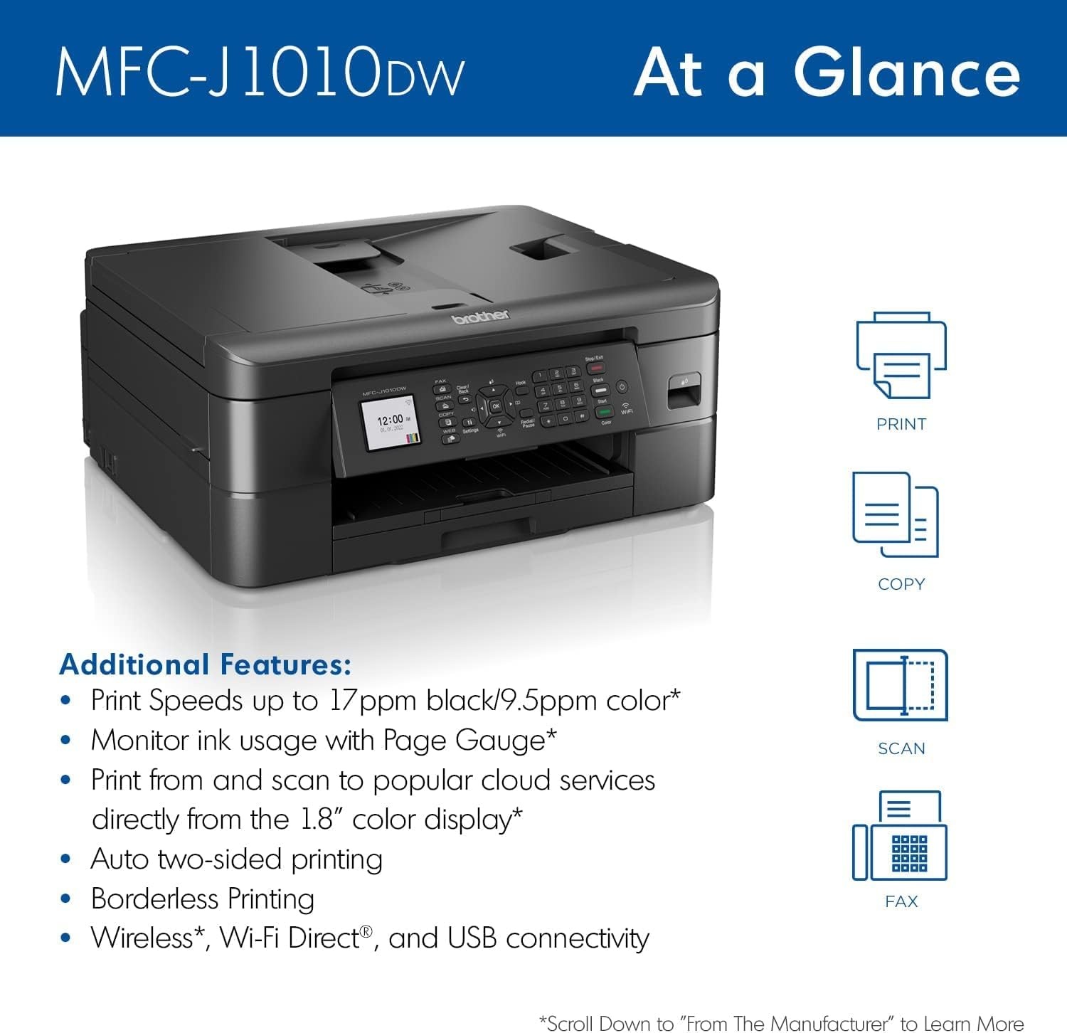 image:imageBrother Work Smart 1360 Wireless Color Inkjet AllinOne Printer with Automatic Duplex Printing and 18 Color Display Includes Refresh Subscription Trial1 MFCJ1360DW Uses LC501 Series InksPrevious Model MFCJ1010DW