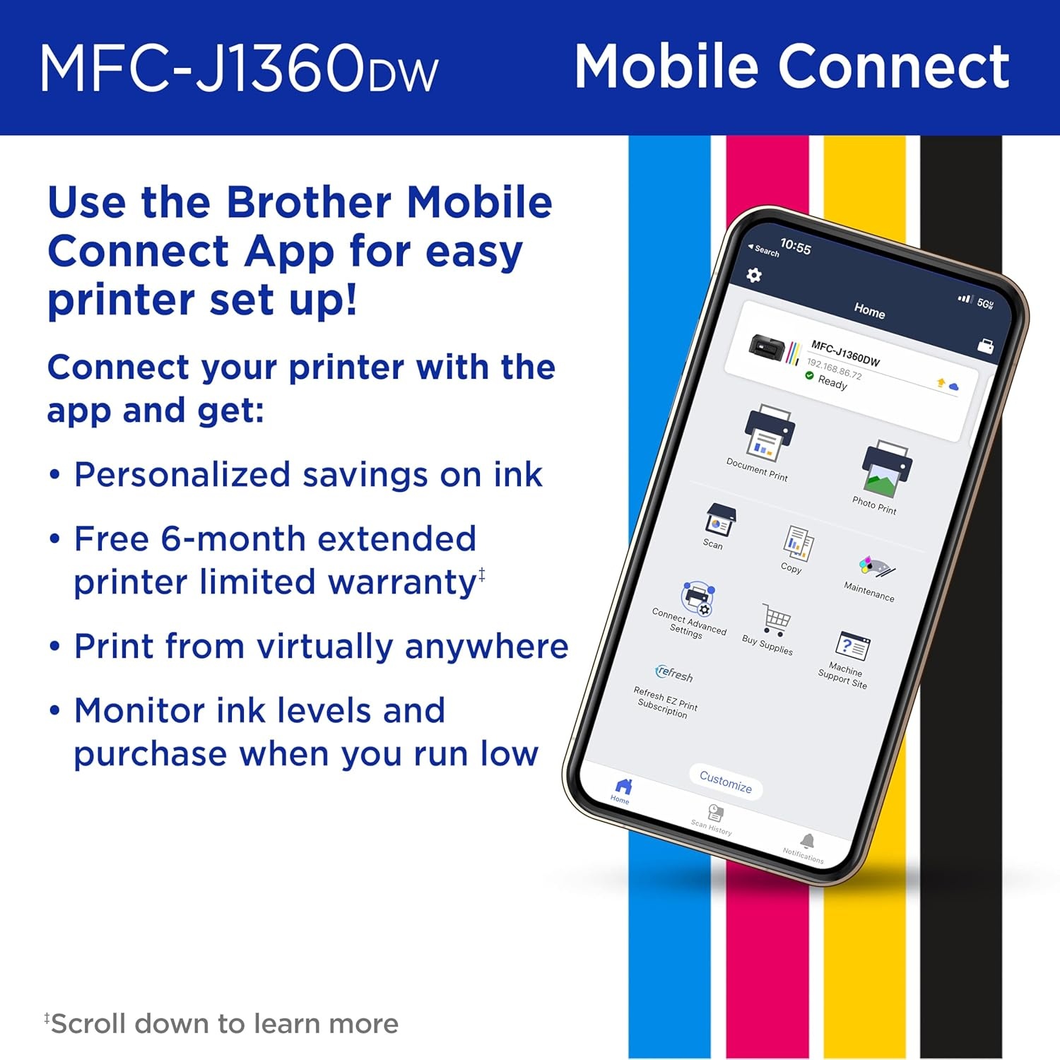 image:imageBrother Work Smart 1360 Wireless Color Inkjet AllinOne Printer with Automatic Duplex Printing and 18 Color Display Includes Refresh Subscription Trial1 MFCJ1360DW Uses LC501 Series InksCurrent Model MFCJ1360DW