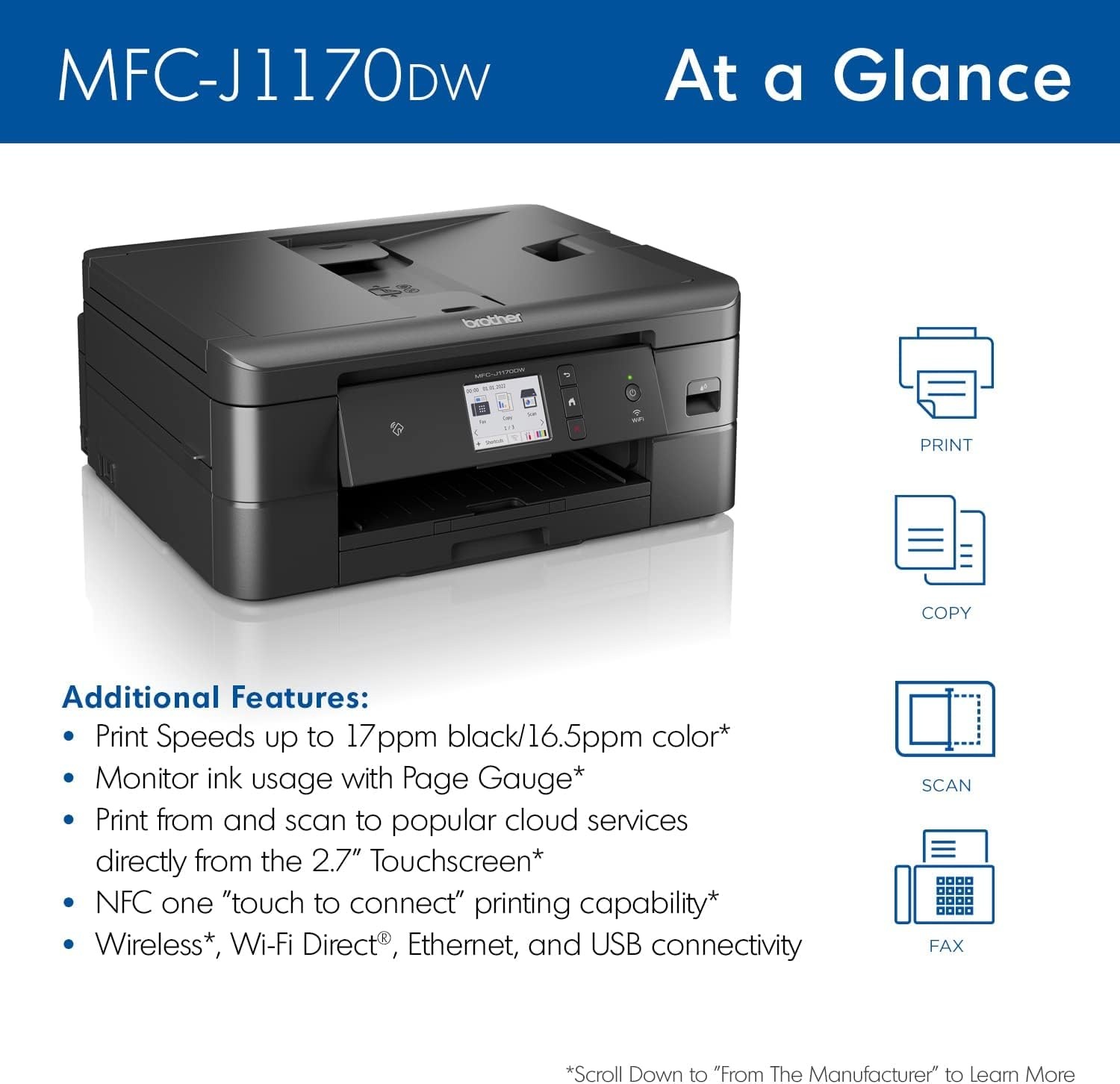 image:imageBrother Work Smart 1410 Wireless Color Inkjet AllinOne Printer with 27 Touchscreen and Automatic Duplex Printing Includes Refresh Subscription Trial1 MFCJ1410DWPrevious Model MFCJ1170DW
