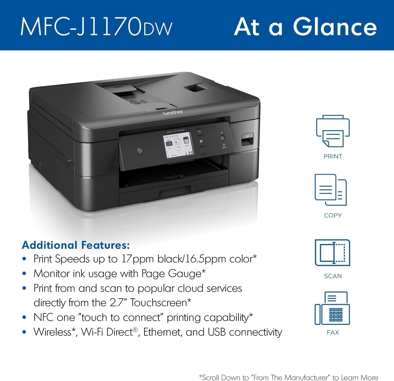 image:imageBrother Work Smart 1410 Wireless Color Inkjet AllinOne Printer with 27 Touchscreen and Automatic Duplex Printing Includes Refresh Subscription Trial1 MFCJ1410DWPrevious Model MFCJ1170DW