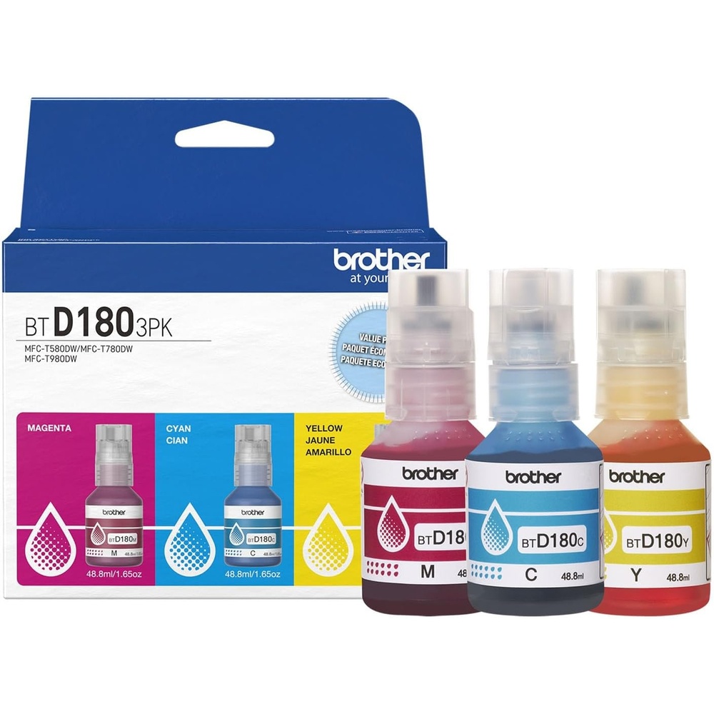 image:imageBrother Genuine BTD180C High Yield Cyan Ink Bottle for use with INKvestment Tank 580 780 and 980 PrintersColors One each of Cyan Magenta and Yellow