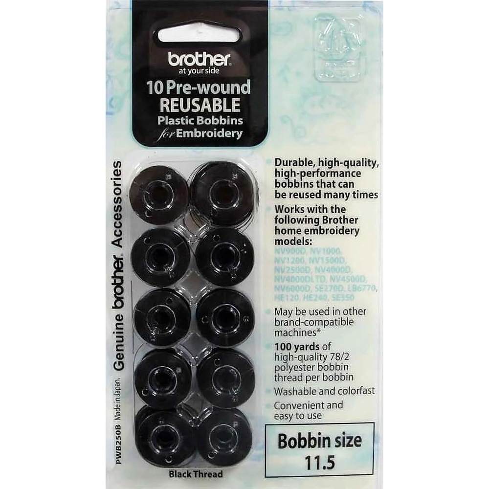 image:imageBrother PWB250B Prewound Embroidery Bobbin Thread 10 Piece Black 60 Weight Bobbin Size 115 for Machine EmbroideryBlack